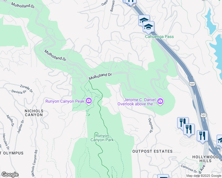 map of restaurants, bars, coffee shops, grocery stores, and more near 7230 Outpost Cove Drive in Los Angeles