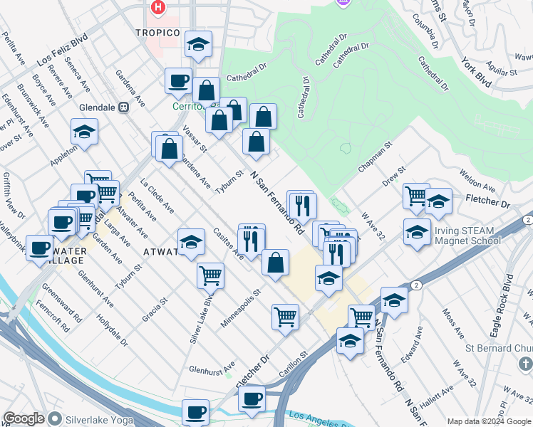map of restaurants, bars, coffee shops, grocery stores, and more near 3360 North San Fernando Road in Los Angeles