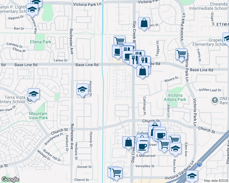 map of restaurants, bars, coffee shops, grocery stores, and more near 7475 Starry Night Place in Rancho Cucamonga