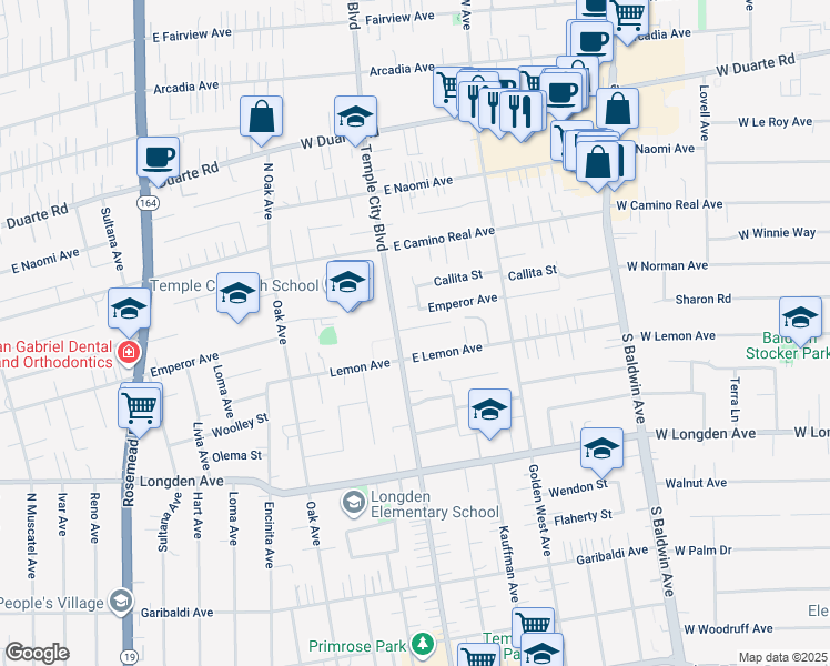 map of restaurants, bars, coffee shops, grocery stores, and more near 9636 Emperor Avenue in Arcadia