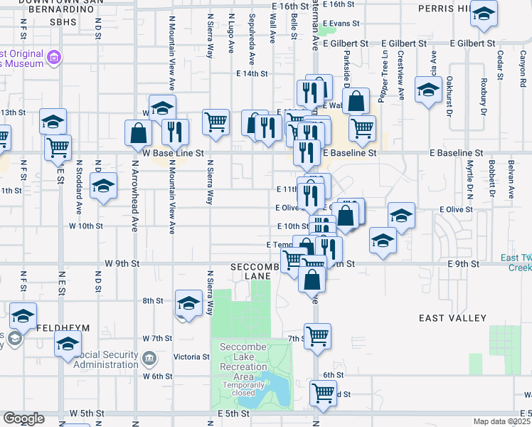 map of restaurants, bars, coffee shops, grocery stores, and more near 216 East Olive Street in San Bernardino