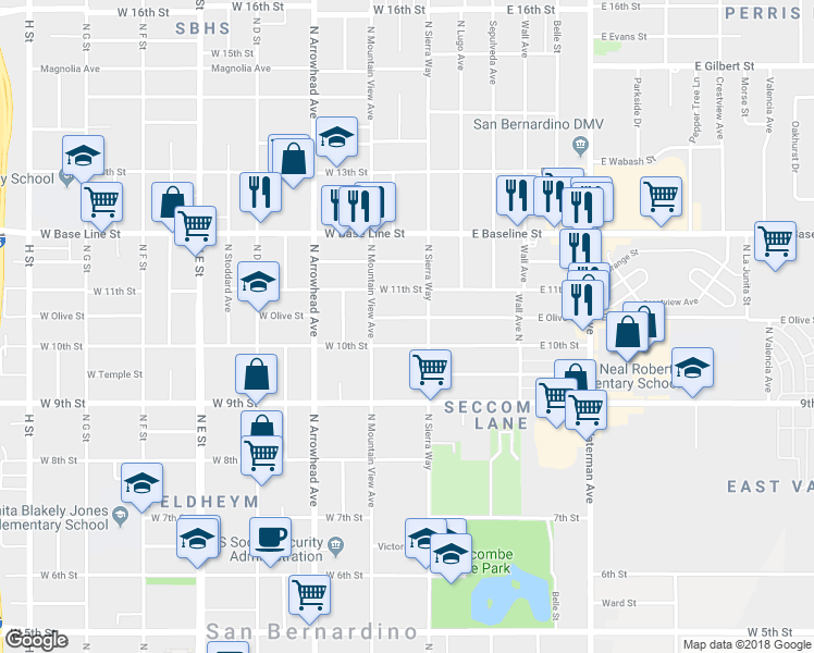 map of restaurants, bars, coffee shops, grocery stores, and more near 164 West Olive Street in San Bernardino