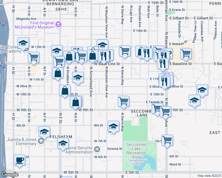 map of restaurants, bars, coffee shops, grocery stores, and more near 164 West Olive Street in San Bernardino