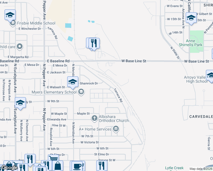 map of restaurants, bars, coffee shops, grocery stores, and more near 1040 Terrace Road in San Bernardino