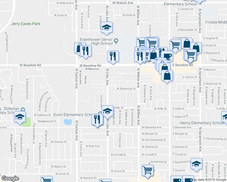map of restaurants, bars, coffee shops, grocery stores, and more near 1073 North Verde Avenue in Rialto