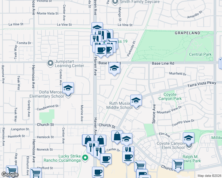 map of restaurants, bars, coffee shops, grocery stores, and more near 10632 Sunburst Drive in Rancho Cucamonga