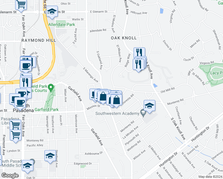 map of restaurants, bars, coffee shops, grocery stores, and more near 575 Old Mill Road in San Marino