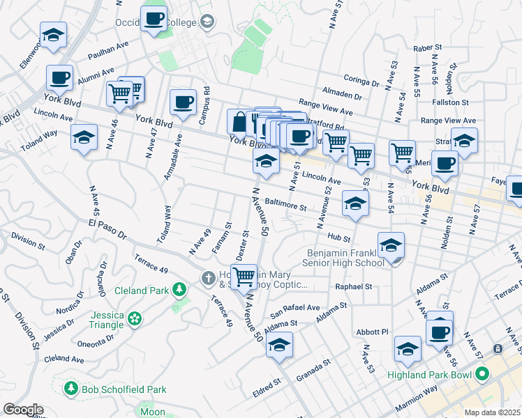 map of restaurants, bars, coffee shops, grocery stores, and more near 4953 Baltimore Street in Los Angeles