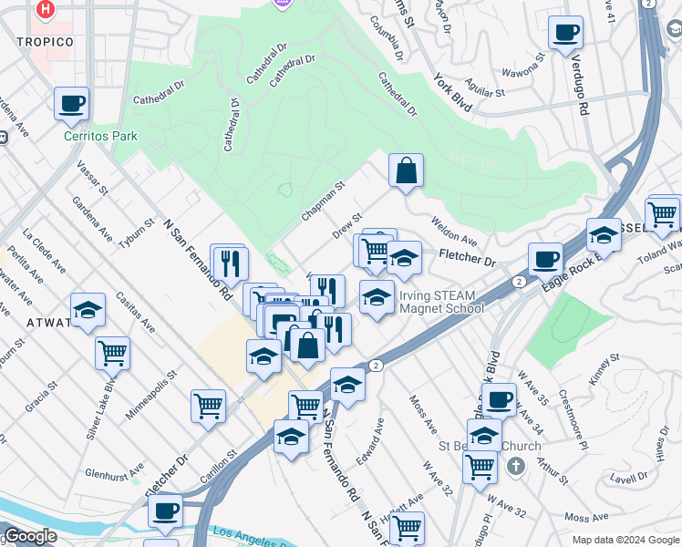 map of restaurants, bars, coffee shops, grocery stores, and more near 3234 Drew Street in Los Angeles