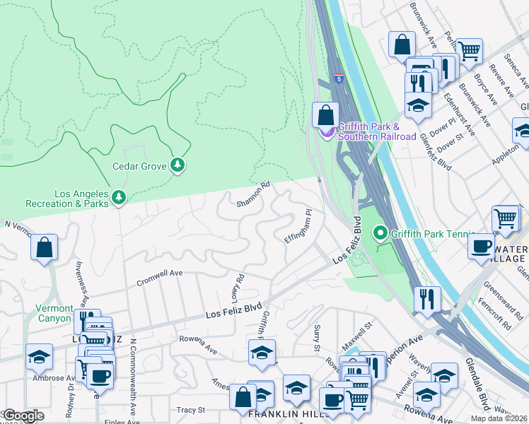 map of restaurants, bars, coffee shops, grocery stores, and more near 3811 Carnavon Way in Los Angeles