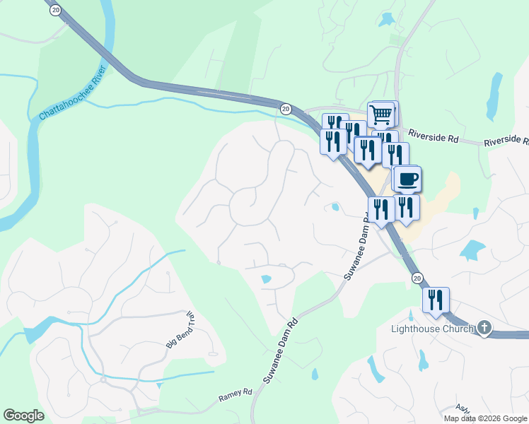 map of restaurants, bars, coffee shops, grocery stores, and more near 6191 Mountain Ridge Circle in Sugar Hill