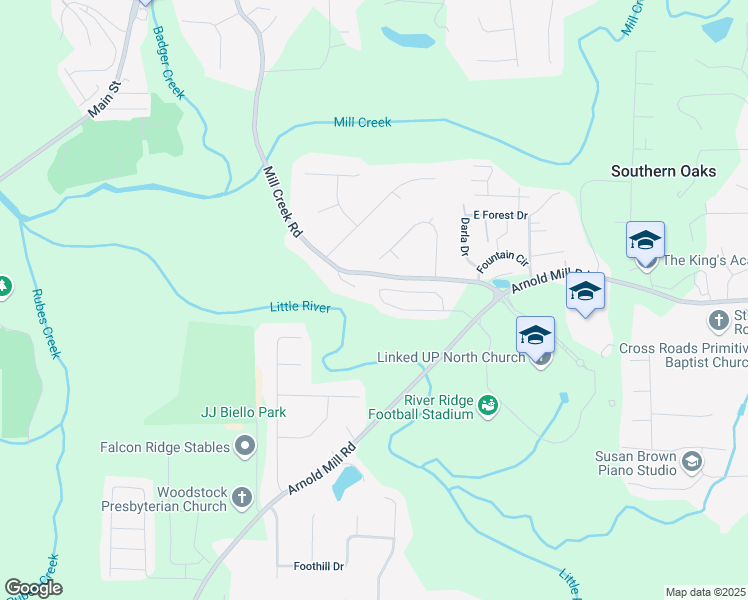 map of restaurants, bars, coffee shops, grocery stores, and more near 135 Haleys Circle in Woodstock