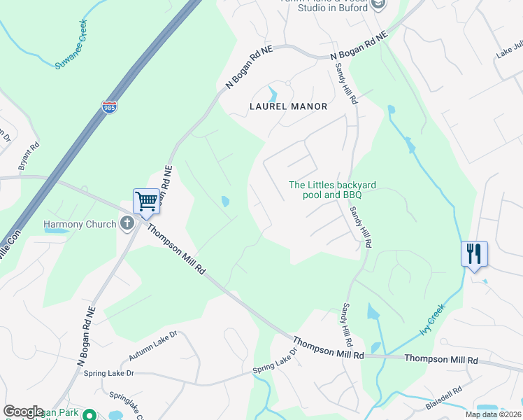 map of restaurants, bars, coffee shops, grocery stores, and more near 3300 Ivey Ridge Road Northeast in Buford