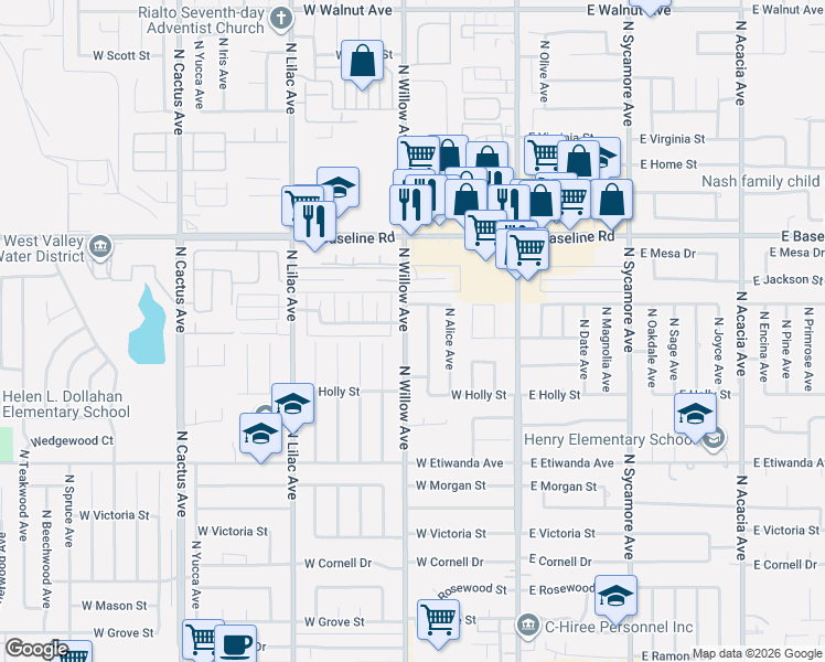 map of restaurants, bars, coffee shops, grocery stores, and more near 1060 North Willow Avenue in Rialto