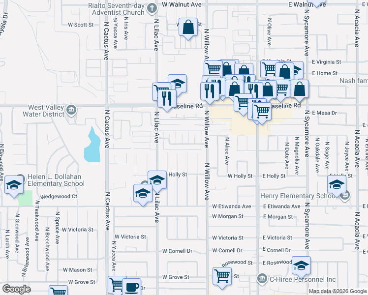 map of restaurants, bars, coffee shops, grocery stores, and more near 1073 North Vista Avenue in Rialto