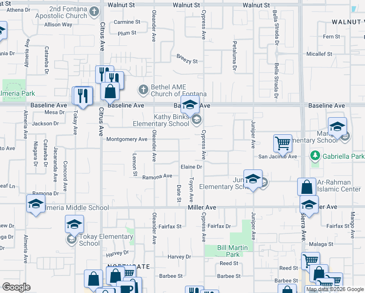 map of restaurants, bars, coffee shops, grocery stores, and more near 16372 Montgomery Avenue in Fontana
