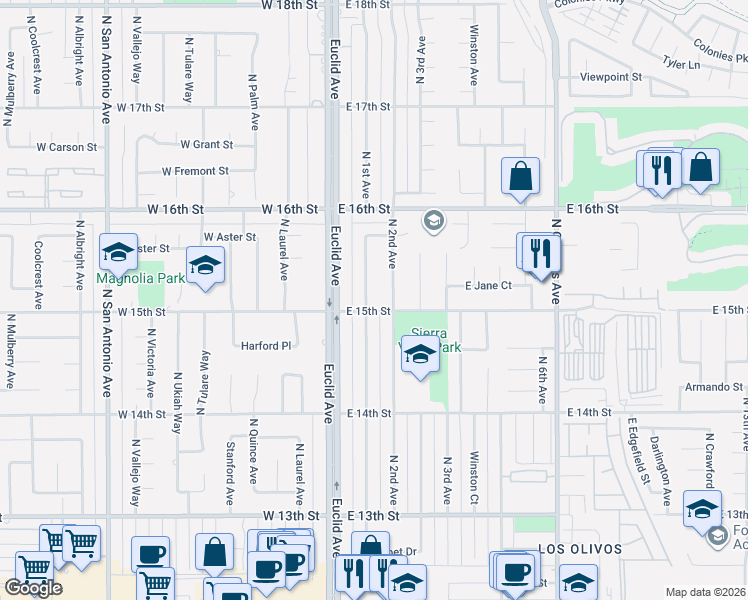 map of restaurants, bars, coffee shops, grocery stores, and more near 1528 North 1st Avenue in Upland