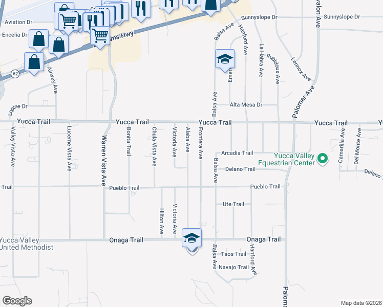 map of restaurants, bars, coffee shops, grocery stores, and more near 7411 Alaba Avenue in Yucca Valley