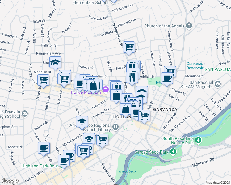 map of restaurants, bars, coffee shops, grocery stores, and more near 225 Branch Street in Los Angeles