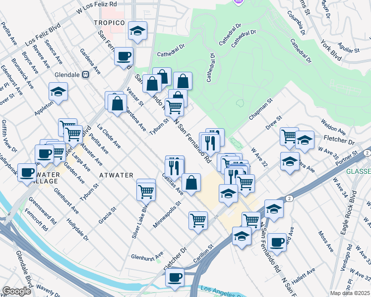 map of restaurants, bars, coffee shops, grocery stores, and more near 3410 North San Fernando Road in Los Angeles