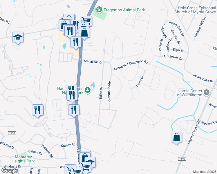 map of restaurants, bars, coffee shops, grocery stores, and more near Chancellorsville Drive in Wilmington
