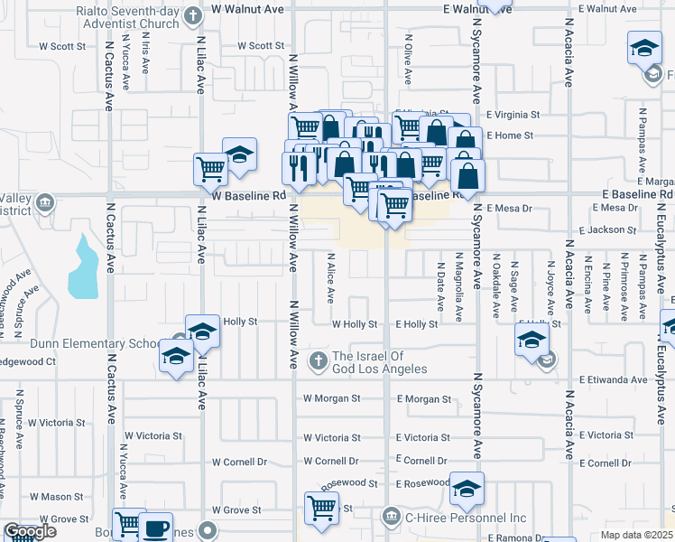 map of restaurants, bars, coffee shops, grocery stores, and more near 1041 North Alice Avenue in Rialto