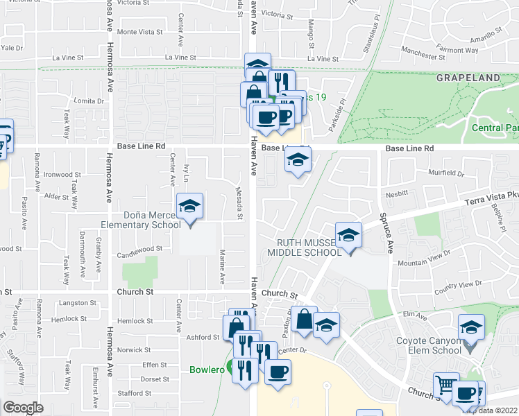 map of restaurants, bars, coffee shops, grocery stores, and more near 7484 Villa Crest Place in Rancho Cucamonga