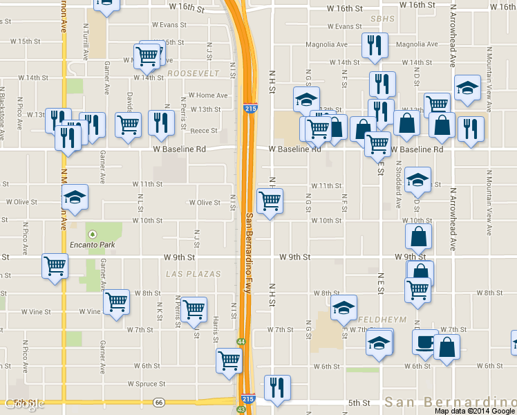 map of restaurants, bars, coffee shops, grocery stores, and more near 839 West Olive Street in San Bernardino