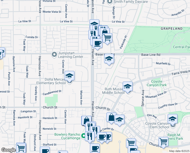 map of restaurants, bars, coffee shops, grocery stores, and more near 7484 Villa Crest Place in Rancho Cucamonga