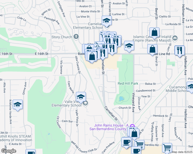 map of restaurants, bars, coffee shops, grocery stores, and more near 8649 Calle Del Prado in Rancho Cucamonga