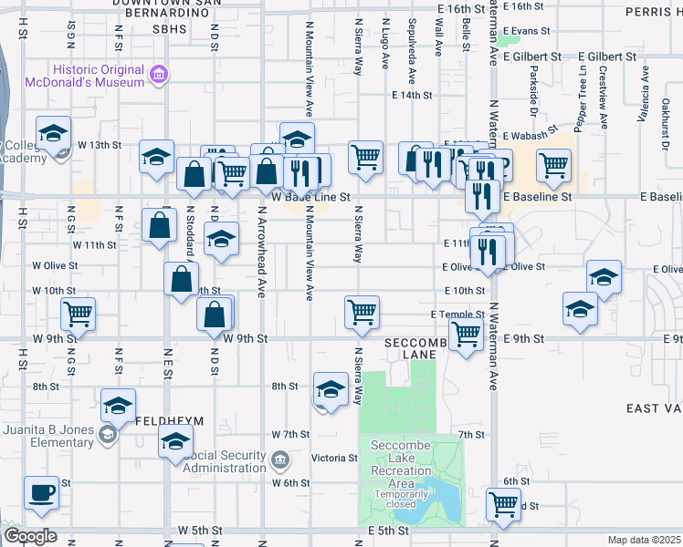 map of restaurants, bars, coffee shops, grocery stores, and more near 137 West Olive Street in San Bernardino