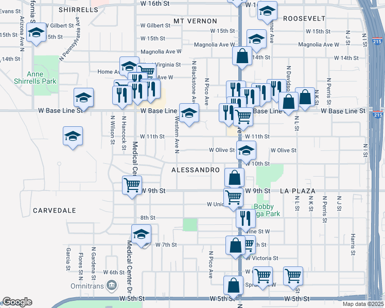 map of restaurants, bars, coffee shops, grocery stores, and more near 1467 West Olive Street in San Bernardino
