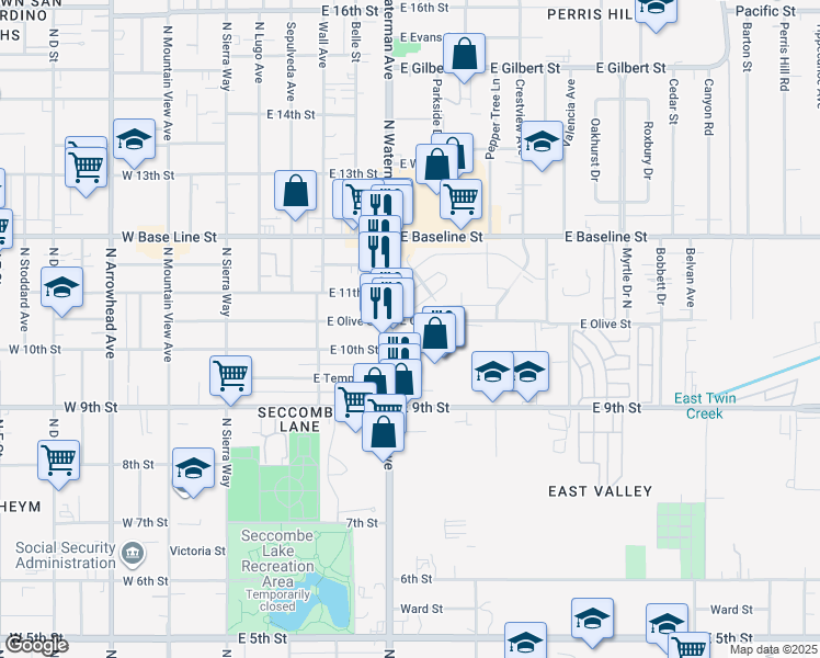 map of restaurants, bars, coffee shops, grocery stores, and more near 374 Elm Circle in San Bernardino