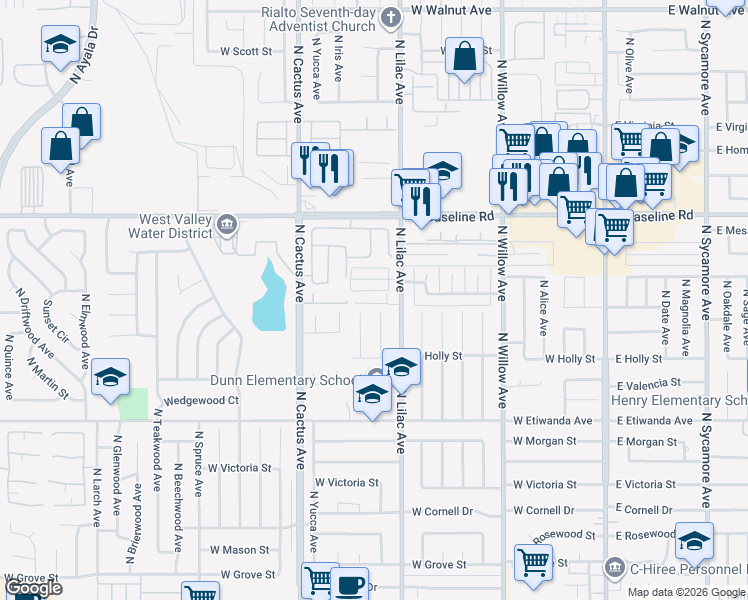 map of restaurants, bars, coffee shops, grocery stores, and more near 585 West Shamrock Street in Rialto