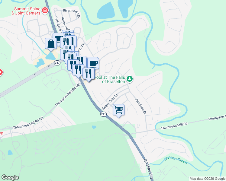 map of restaurants, bars, coffee shops, grocery stores, and more near 1615 Sahale Falls Drive in Braselton