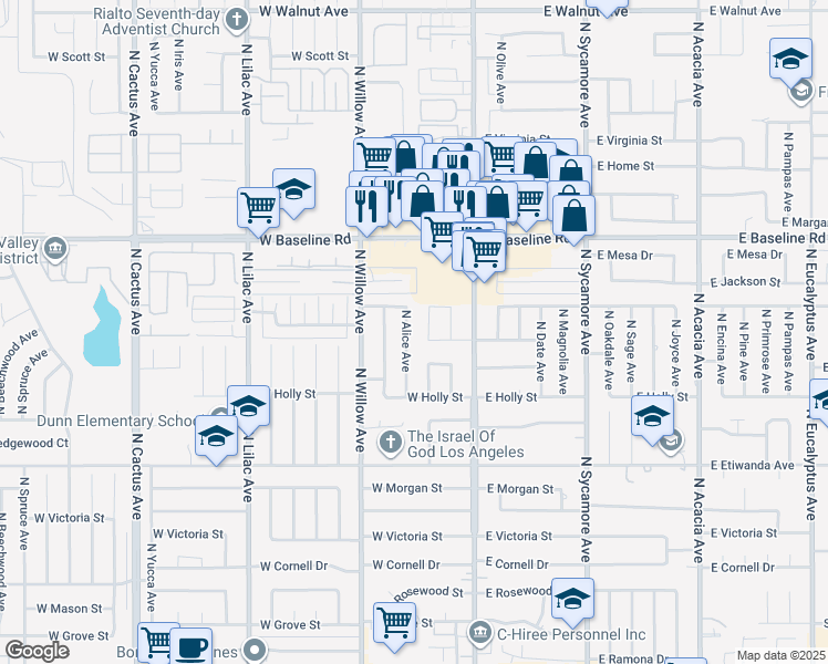 map of restaurants, bars, coffee shops, grocery stores, and more near 1041 North Alice Avenue in Rialto