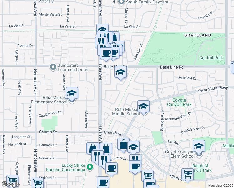 map of restaurants, bars, coffee shops, grocery stores, and more near 10632 Sunburst Drive in Rancho Cucamonga
