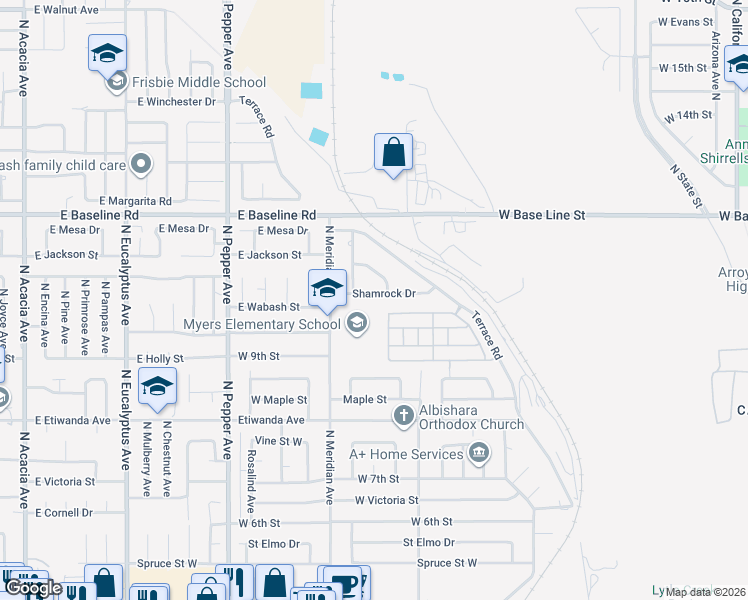 map of restaurants, bars, coffee shops, grocery stores, and more near 1189 Shamrock Drive in San Bernardino