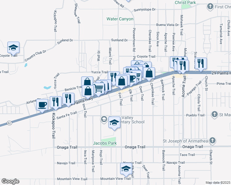map of restaurants, bars, coffee shops, grocery stores, and more near 29 Palms Highway in Yucca Valley