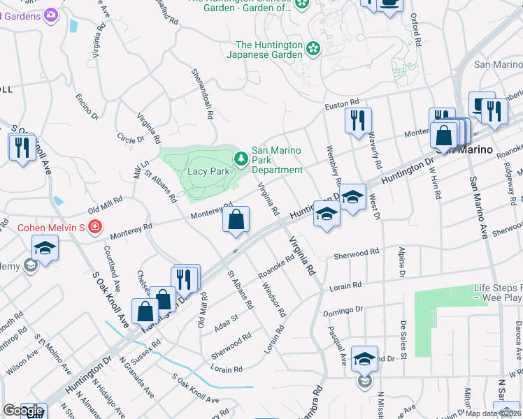 map of restaurants, bars, coffee shops, grocery stores, and more near 1553 Virginia Road in San Marino