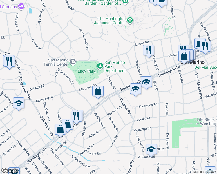 map of restaurants, bars, coffee shops, grocery stores, and more near 1591 Virginia Road in San Marino