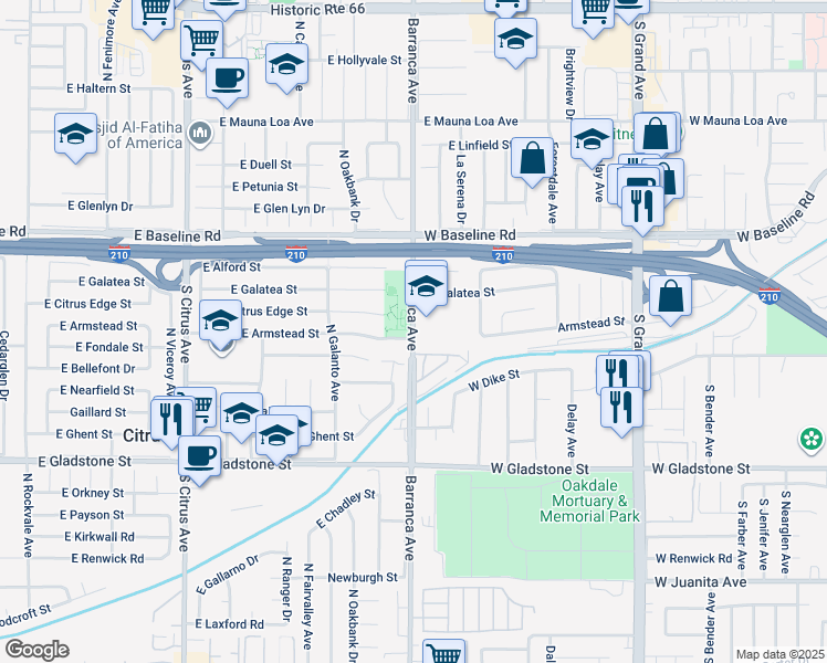 map of restaurants, bars, coffee shops, grocery stores, and more near 1134 North Barranca Avenue in Glendora