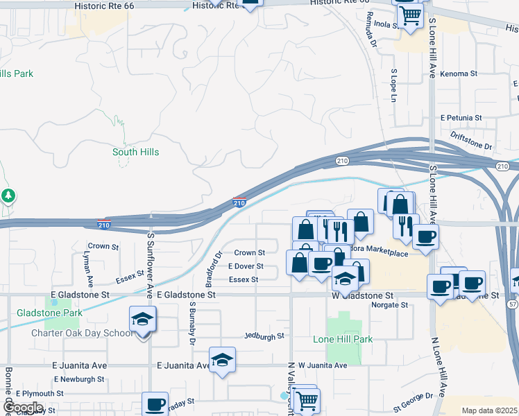 map of restaurants, bars, coffee shops, grocery stores, and more near 1137 North Willow Avenue in Glendora