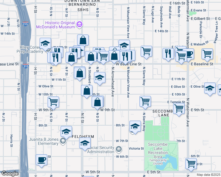 map of restaurants, bars, coffee shops, grocery stores, and more near 1075 North Arrowhead Avenue in San Bernardino