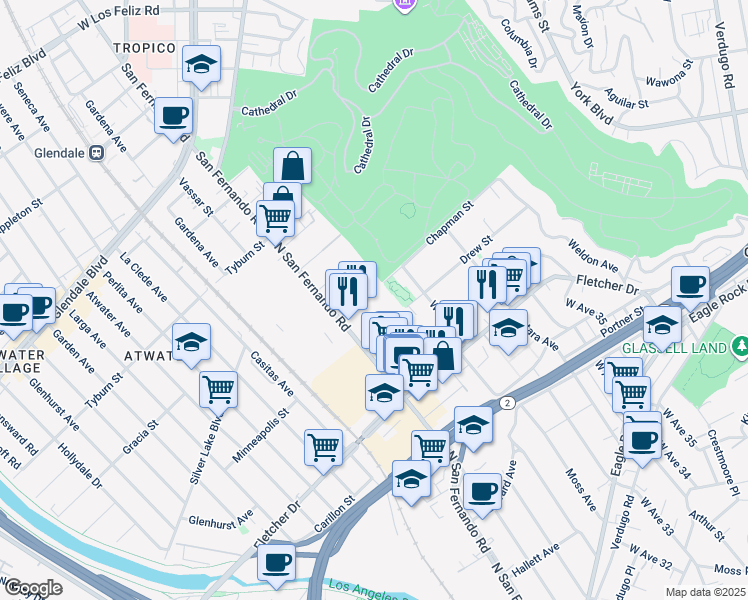 map of restaurants, bars, coffee shops, grocery stores, and more near 3135 Drew Street in Los Angeles