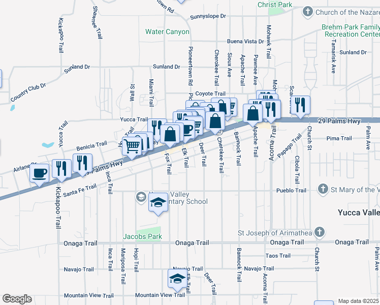 map of restaurants, bars, coffee shops, grocery stores, and more near 55825 Twentynine Palms Highway in Yucca Valley