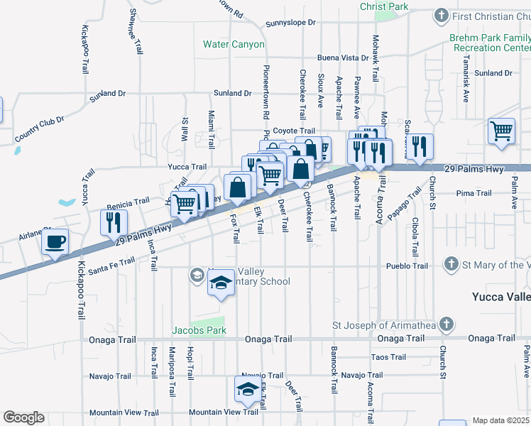 map of restaurants, bars, coffee shops, grocery stores, and more near 55825 Twentynine Palms Highway in Yucca Valley