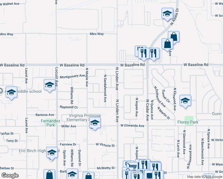 map of restaurants, bars, coffee shops, grocery stores, and more near 1537 West Shamrock Street in Rialto