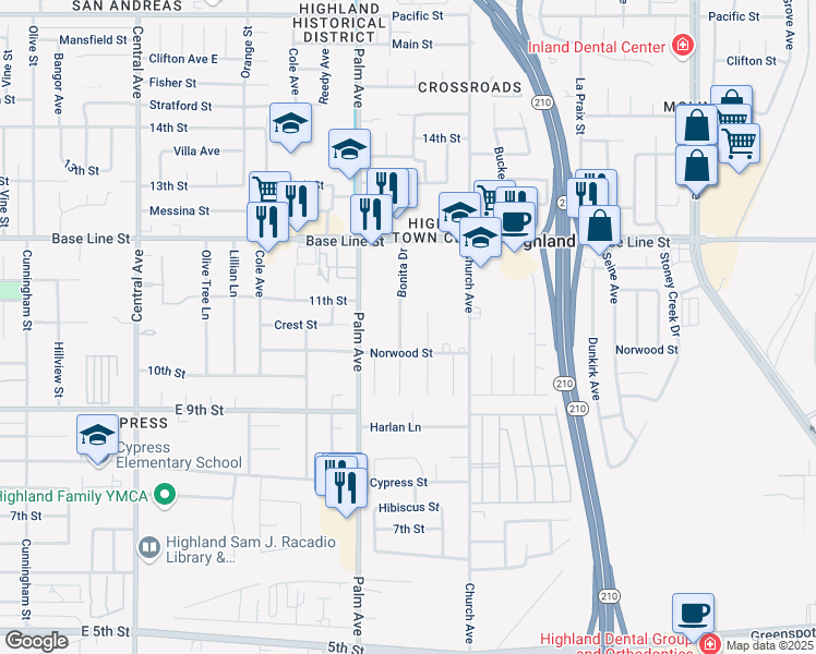 map of restaurants, bars, coffee shops, grocery stores, and more near 7421 Bonita Drive in Highland