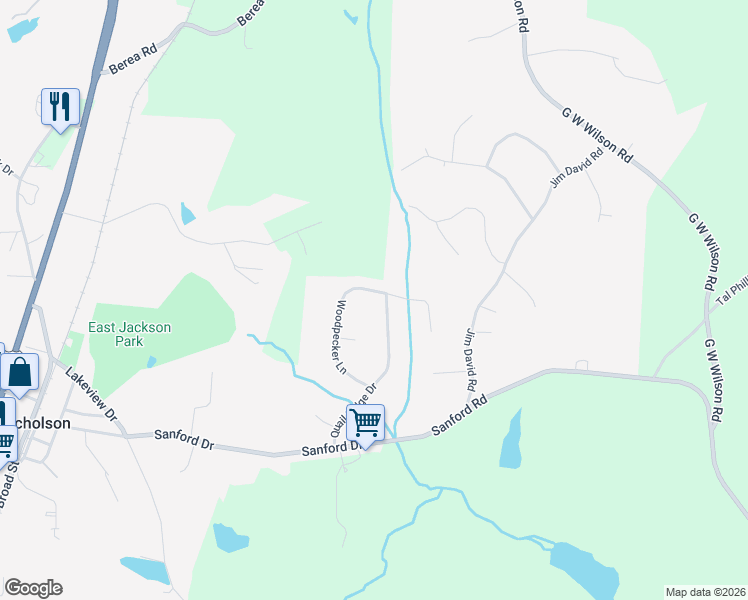 map of restaurants, bars, coffee shops, grocery stores, and more near 373 Woodpecker Lane in Nicholson